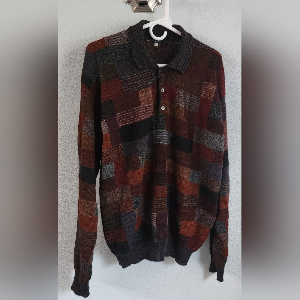 Peruvian Connection Red and Brown Crewneck Sweater with Knit Texture